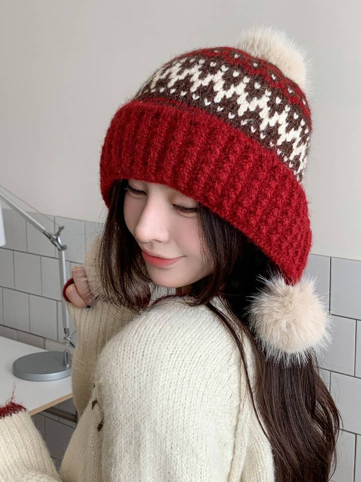 CWAH04941_WOMEN WINTER KNIT FAIR ISLE EARFLAP BEANIE HAT for wholesale by NINEXIS