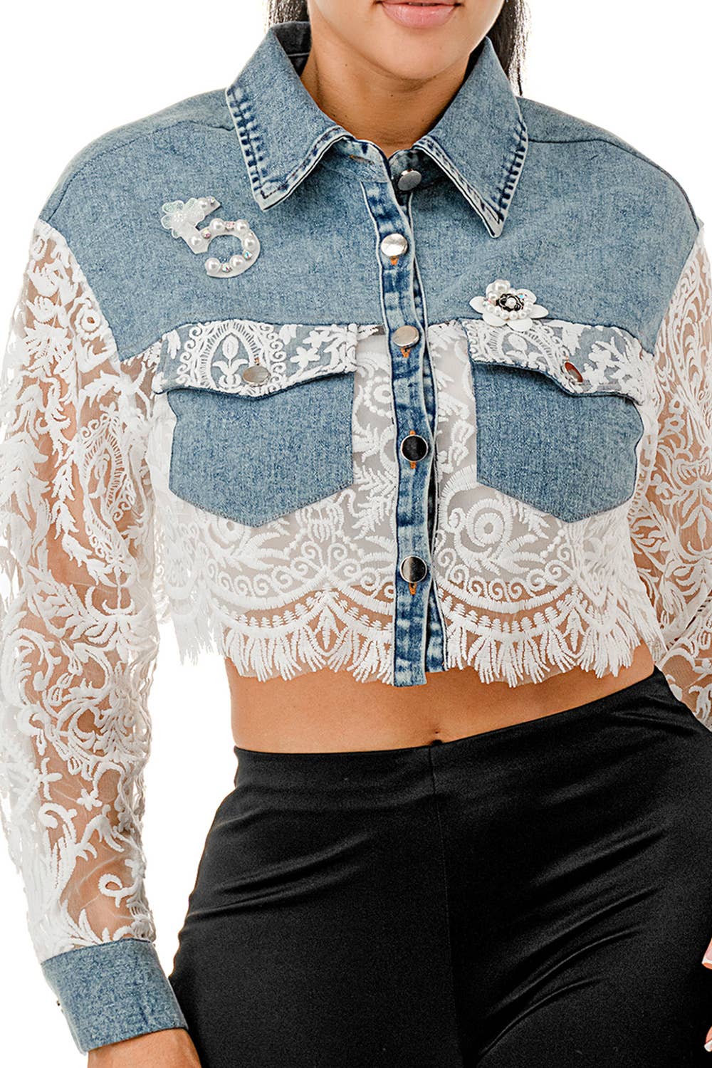 SALT - Wholesale Denim Jacket - Women's - (SJ5073)Pearl Brooch & Lace Sleeve Cropped Denim Jacket4