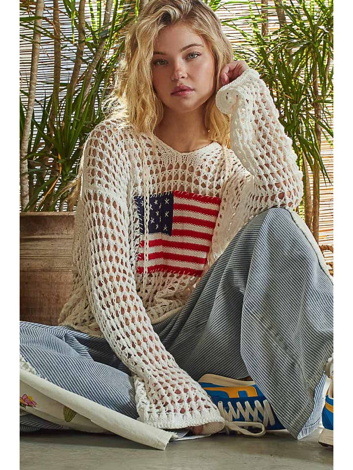Pol Clothing - Wholesale Knit Top - Women's - Long sleeve American flag hoodie thin sweater top SALE