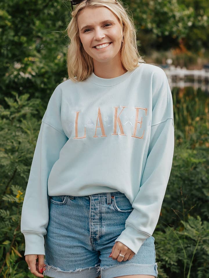 Sweatshirt de Gola Redonda Boyfriend em Pêlo Lixado na Cor Surf por atacado de Lakegirl