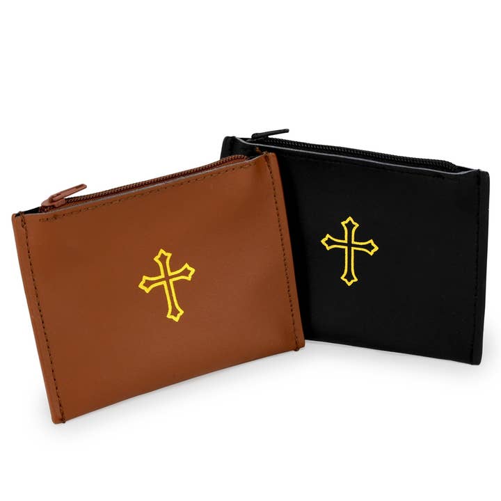 RM Trading - Wholesale Pouch - Women's - Blue Vinyl Rosary Pouch Squeeze Top Gold Cross Imprint