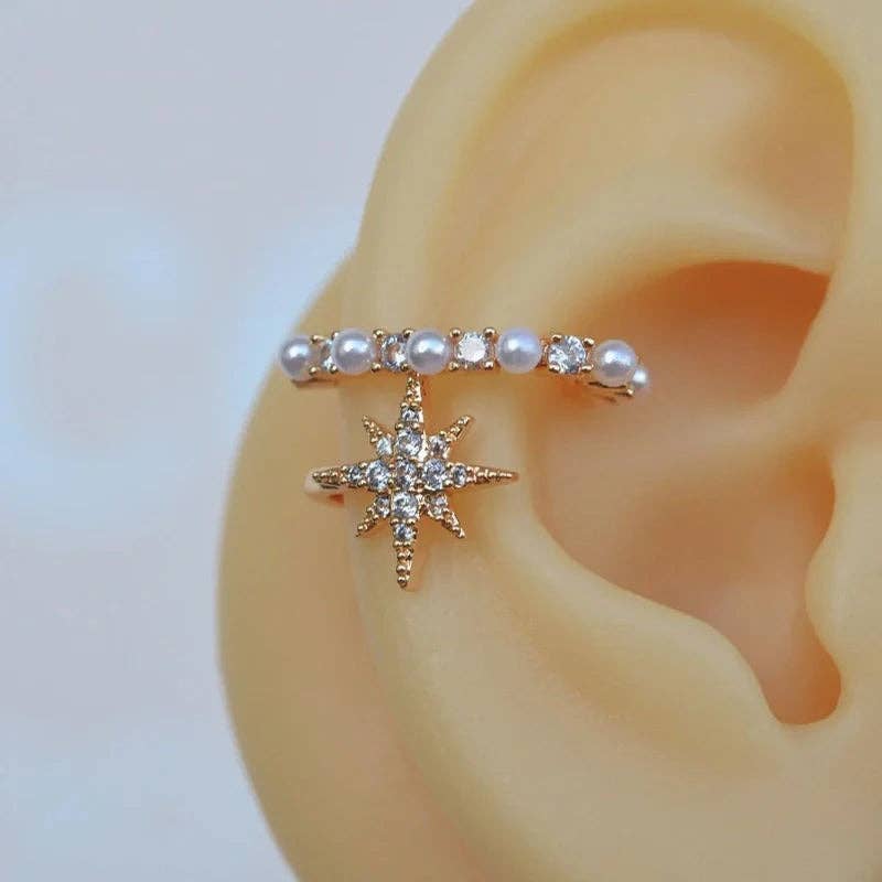StockJWL – wholesale Cuff/wrap earrings – Mini Pearl Ear Cuff Compression Cartilage Earrings with Polar Star Detail4