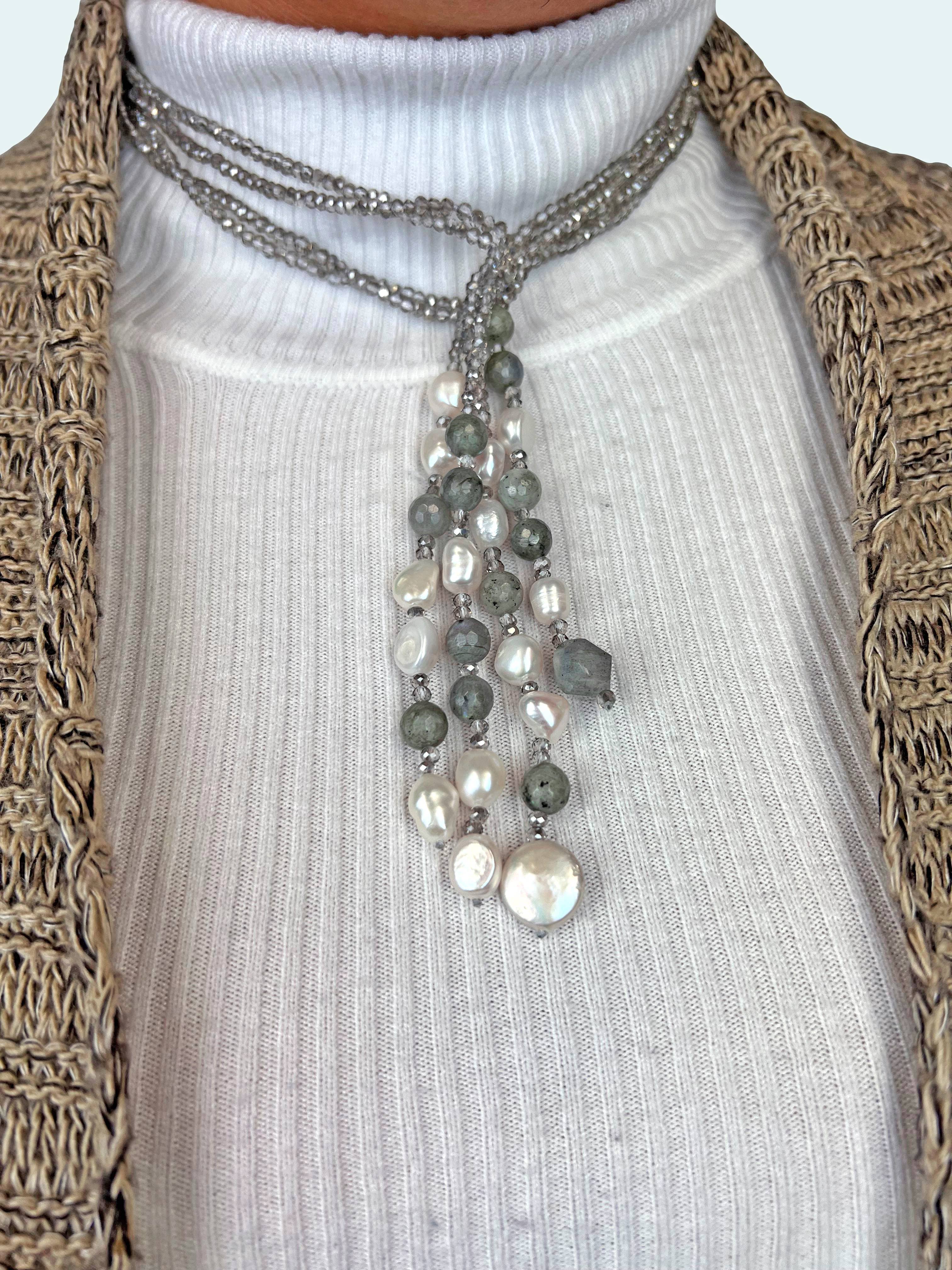 IST Jewelry - Wholesale Beaded/Pearl Necklace - Beaded Crystal and Labradorite Tassel Necklace1