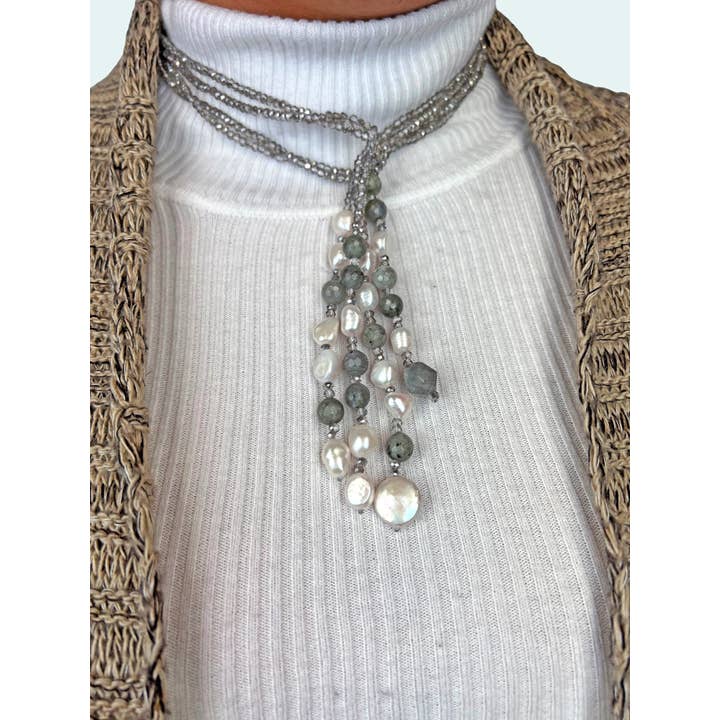 IST Jewelry - Wholesale Beaded/Pearl Necklace - Beaded Crystal and Labradorite Tassel Necklace1