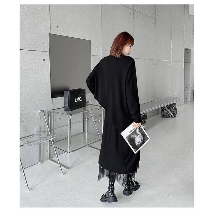 BLACK Solid Color High Neck Zipper Irregular Tshirt Top for wholesale on Faire5