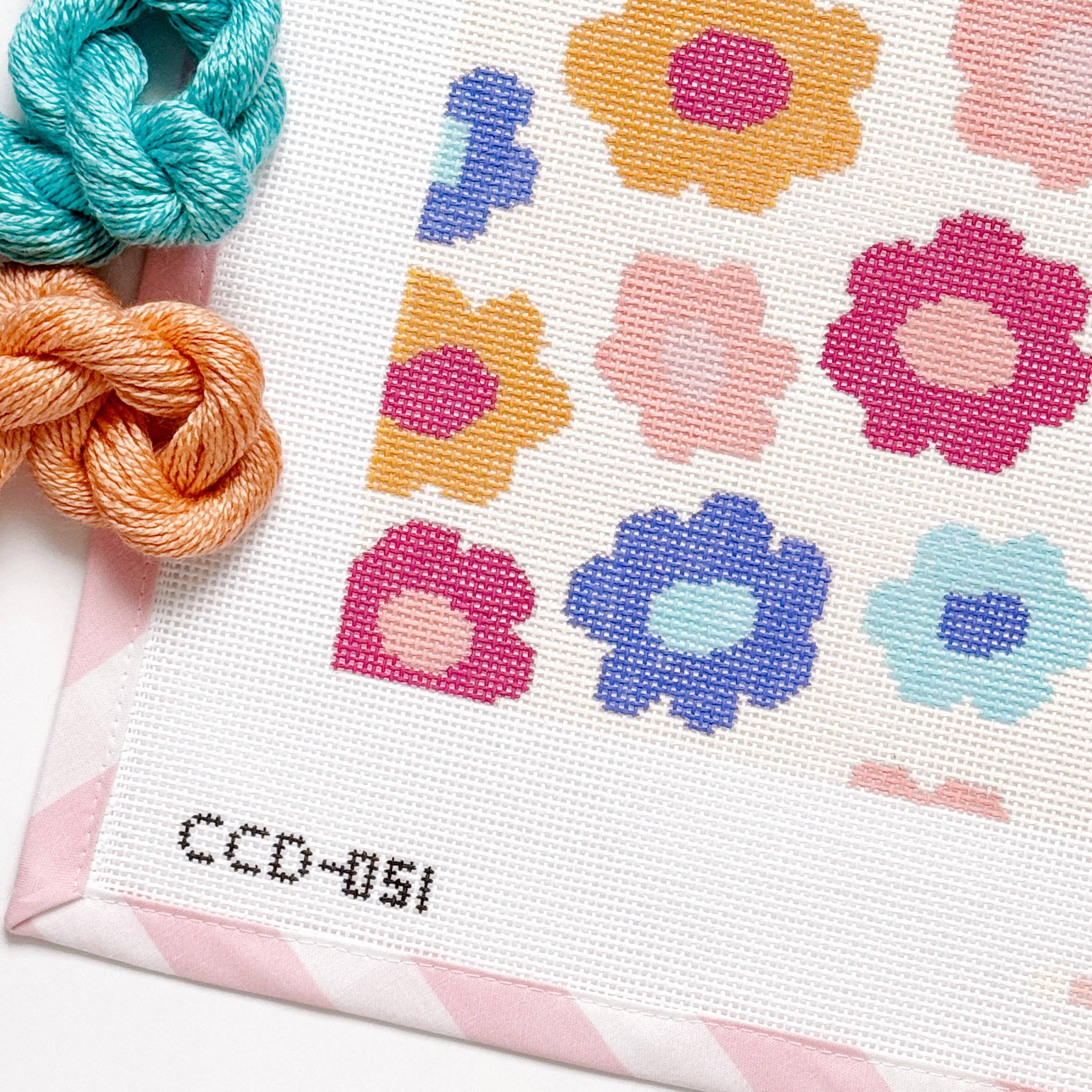 Cotswold Co Designs - Wholesale Embroidery/Cross Stitch Supplies - Retro Flower Pillow Needlepoint Canvas | Hand-Painted 13 Mesh | 8.5” x 8.5” Design on 12” x 12” Canvas | Ready to Ship6