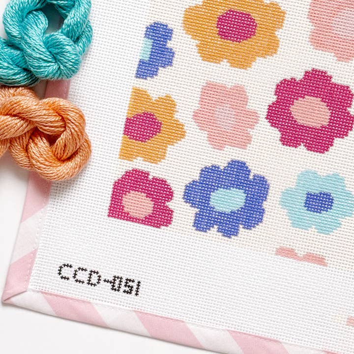 Cotswold Co Designs - Wholesale Embroidery/Cross Stitch Supplies - Retro Flower Pillow Needlepoint Canvas | Hand-Painted 13 Mesh | 8.5” x 8.5” Design on 12” x 12” Canvas | Ready to Ship6