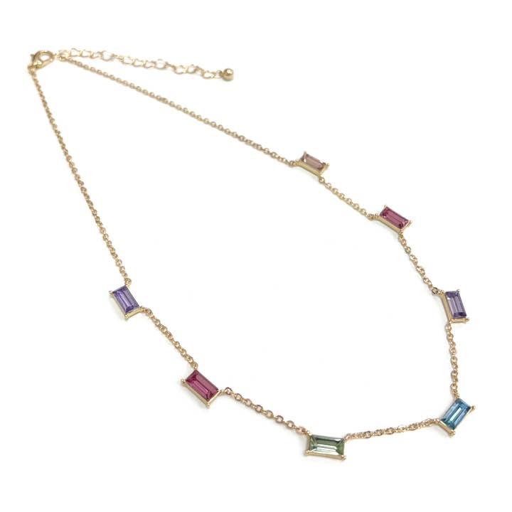 Multi Baguette Stone Beads Station Charm Dainty Chain Necklace for wholesale on Faire