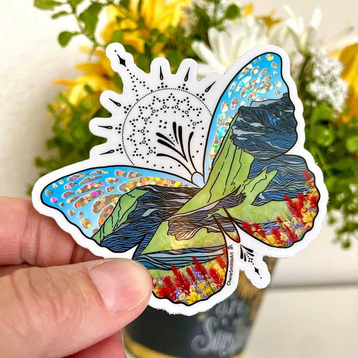 Butterfly Kisses & Mountain Wishes Sticker for wholesale by CherieSmittleArt