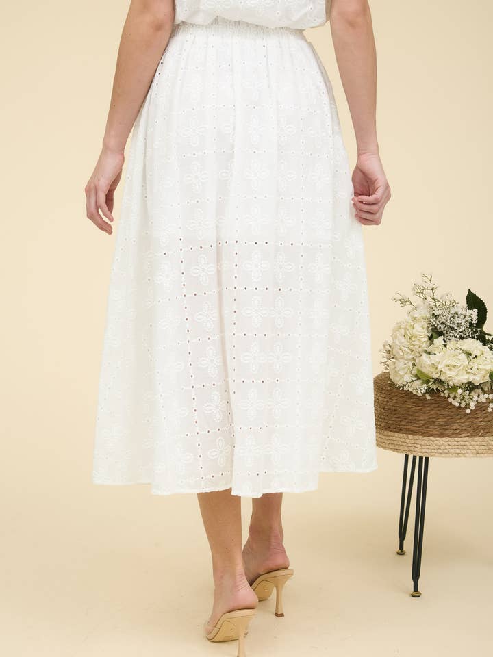 WHITE EYELET RUFFLE DETAIL MIDI SKIRT for wholesale on Faire