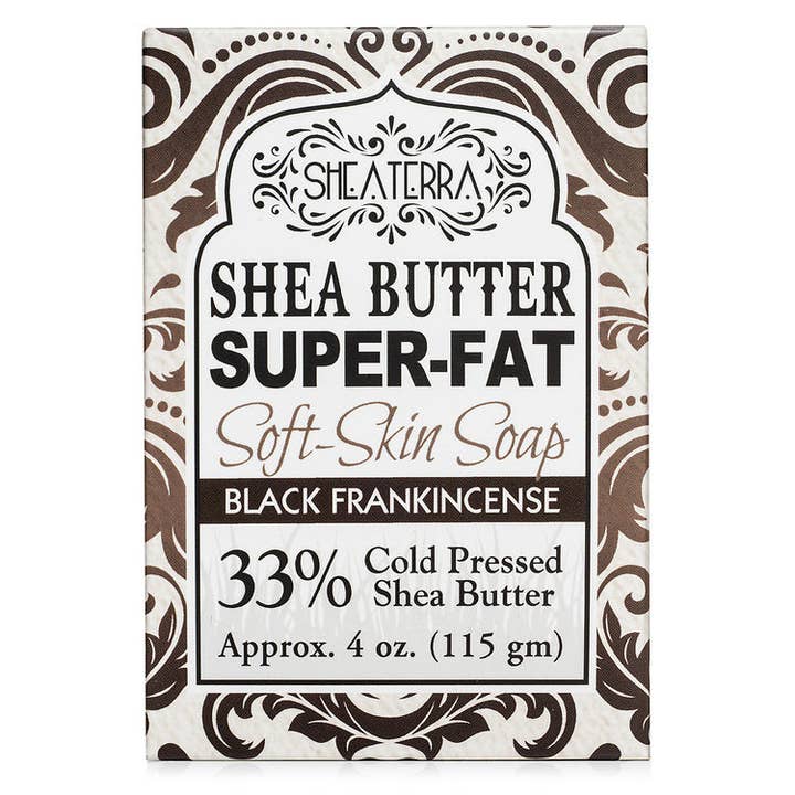 Supervette zeep voor zachte huid met sheaboter BLACK FRANKINCENSE voor wholesale door Shea Terra Organics