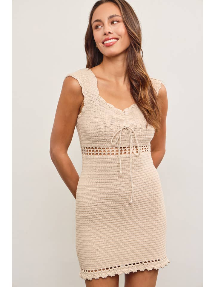 ECRU RUCHED CROCHET SWEATER DRESS for wholesale on Faire