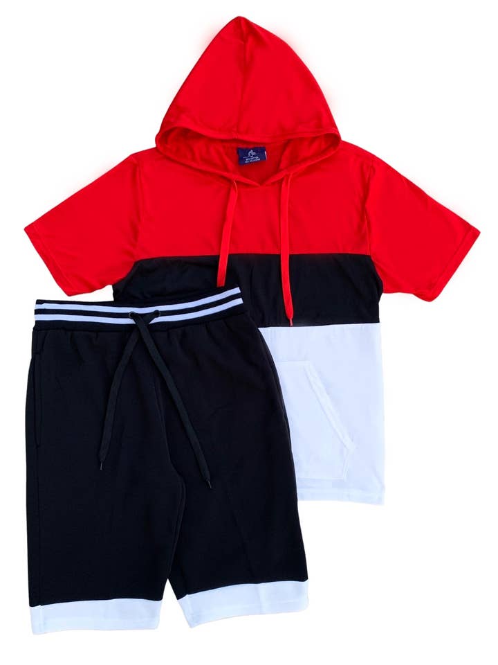 Royal Threads - Wholesale Lounge Set - Men's - Men's Color Block Shorts Set with pullover Hoodie & Shorts
