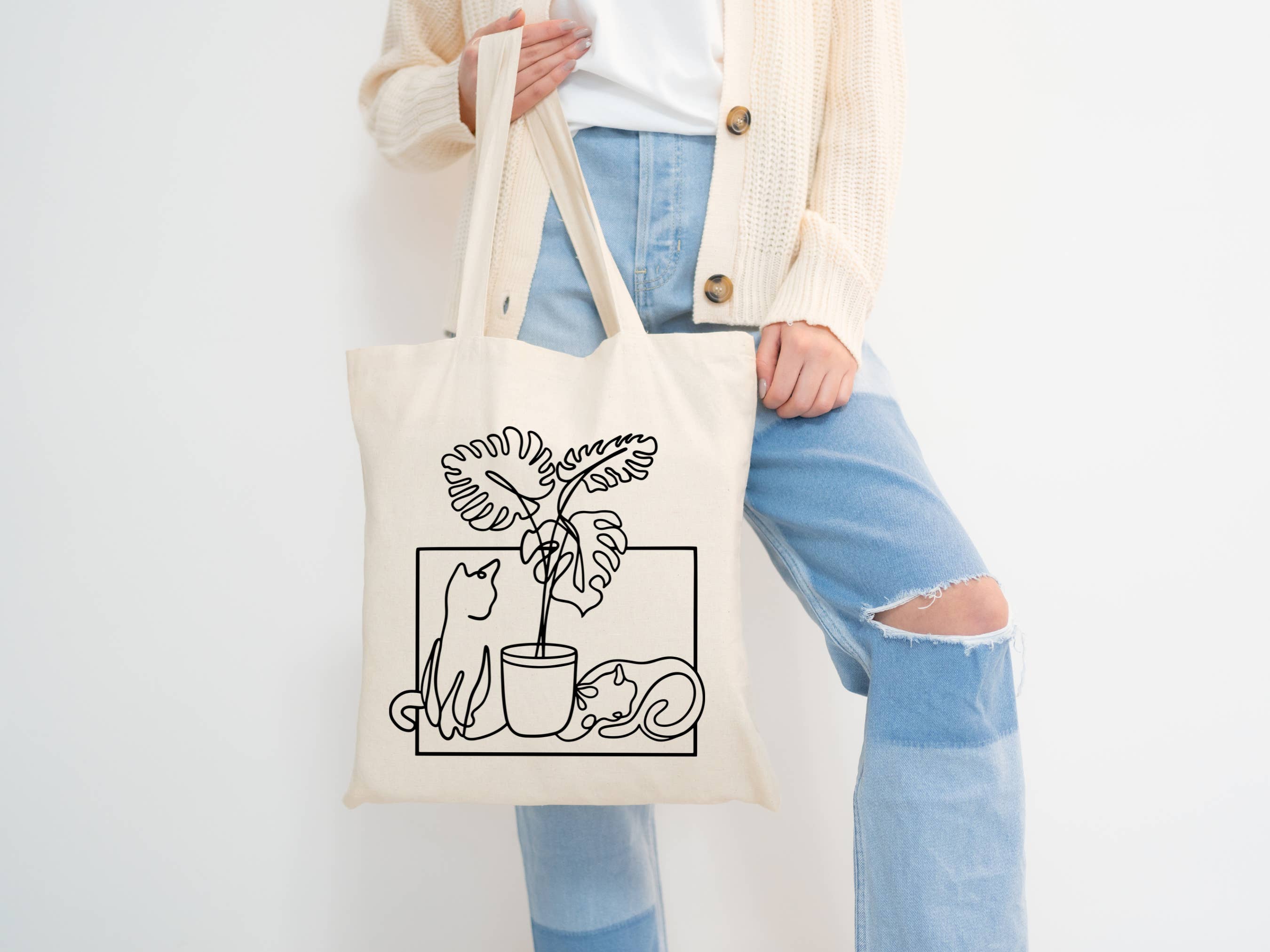 The Vinyl Rose – wholesale Tote bag – Women's – Monstera Cat Plant Tote Bag, Plant Tote, Cat Gifts