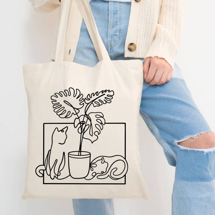 The Vinyl Rose – wholesale Tote bag – Women's – Monstera Cat Plant Tote Bag, Plant Tote, Cat Gifts0
