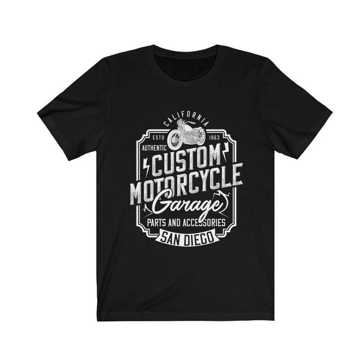 Custom Motorcycle Garage Printed T-Shirt for wholesale by Luluizy Designs Co.