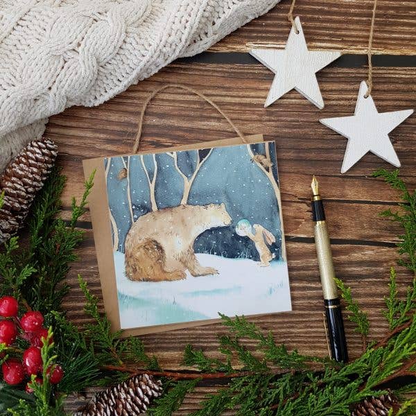 The Bear and the Hare in Winter Wooden Forever Card for wholesale by Love Country