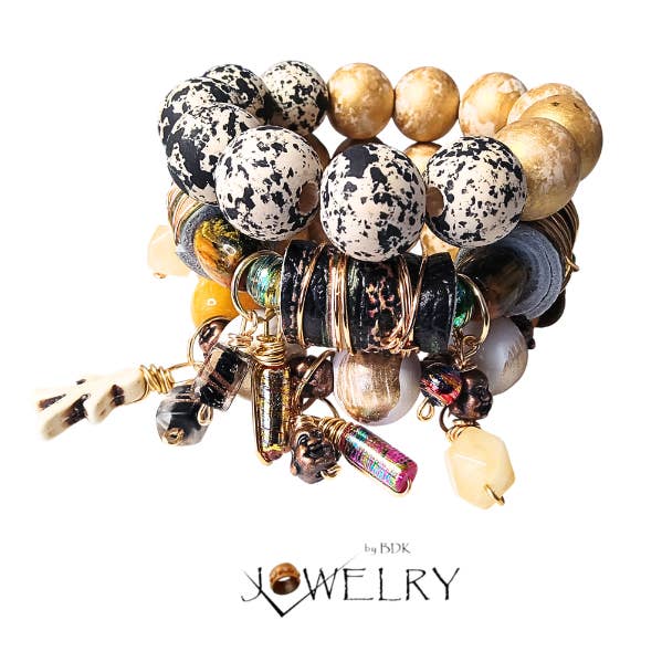 Handmade Boho Statement Bracelet Stack – Black, Gold & Cream for wholesale by Jewelry By BDK