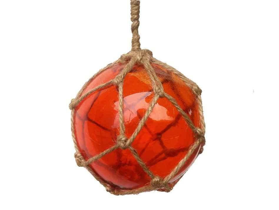 Hampton Nautical - Wholesale Decorative Tabletop Object - Orange Japanese Glass Ball Fishing Float With Brown Netting Decoration 4"1