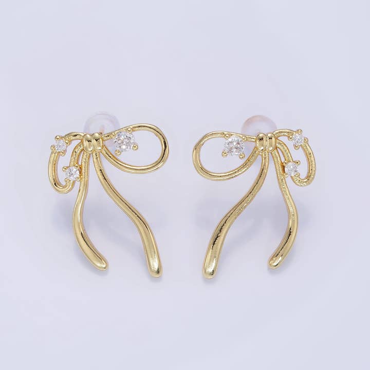 Aim Eternal - Wholesale Stud/Post Earrings - 14K Gold Filled CZ Coquette Ribbon Tied Bow Stud Earrings |