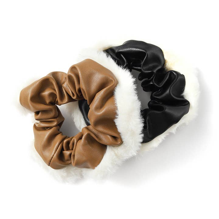 2pc Faux Leather and Fur Scrunchie Set for wholesale by Selini New York