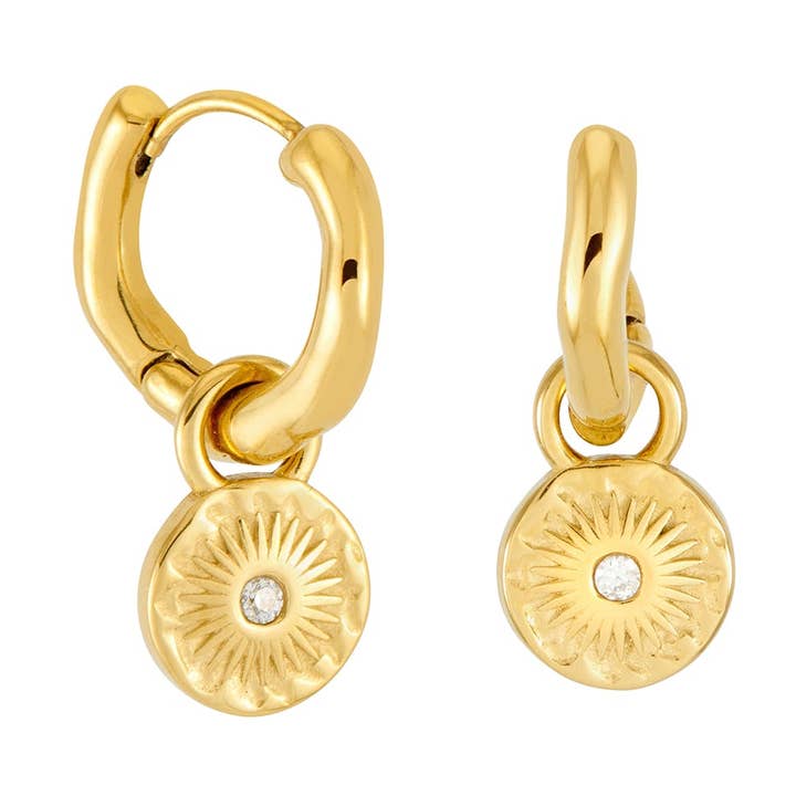 Anti-tarnish Gold Sun Charm Huggie Hoops – Removable Charm for wholesale by Zoi Era