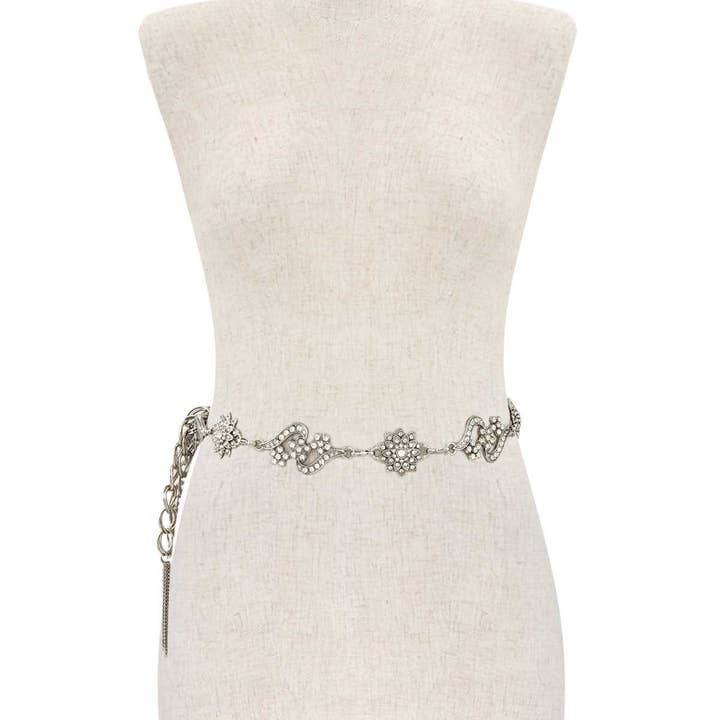 SILVER Rhinestone floral metal chain belt for wholesale on Faire1