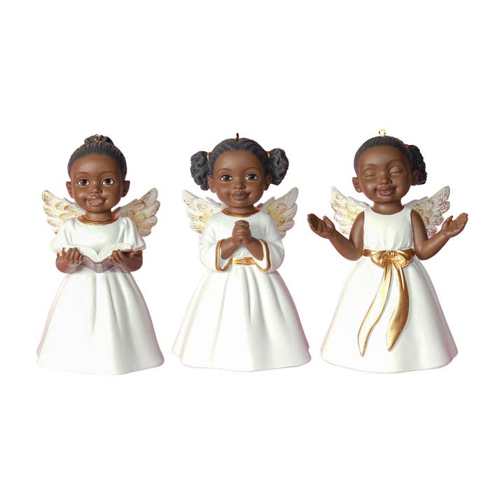 19090 : 3 chérubins ornements afro-américains en blanc, 4"H pour la vente par Positive Image Gifts