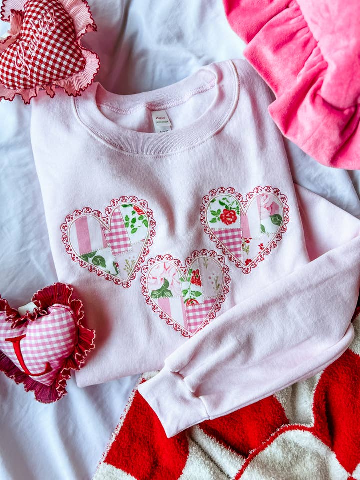 Quilted Heart Trio Applique Embroidered SWEATSHIRTS for wholesale by Stella Rose Monograms
