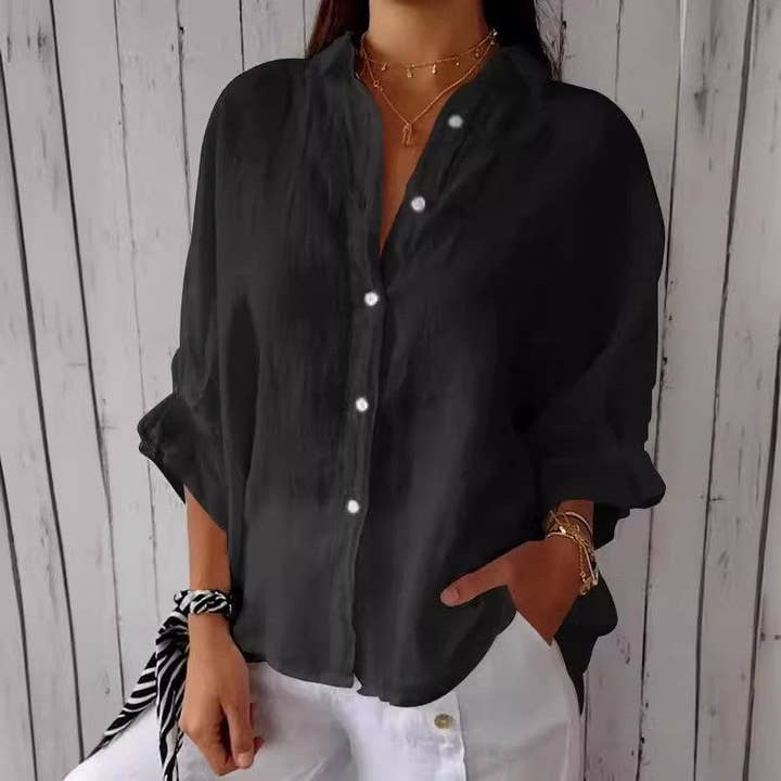 UZ Wholesale Store - Wholesale Button Down Shirt - Women's - Relaxed Fit Solid Color Back Strap Blouse