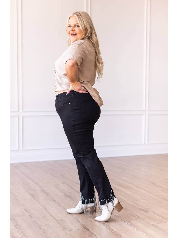 Denim Blue Black Skinny Jeans with Rhinestone Fringe Detail for wholesale on Faire