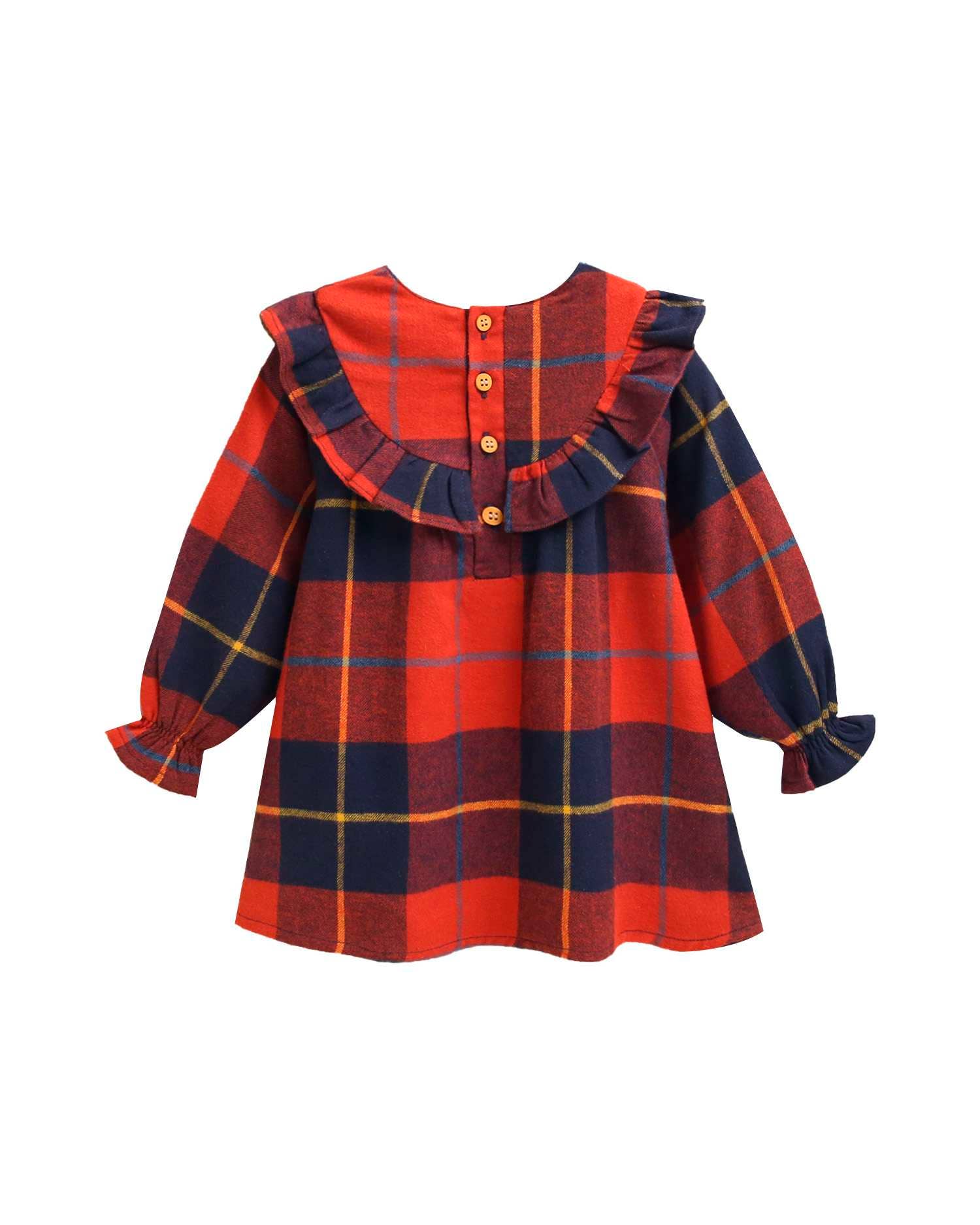 Red and Blue Plaid Plaid Baby Dress with Pompom for wholesale on Faire1