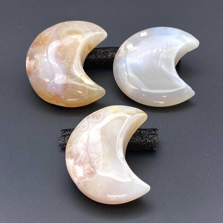 Flower Agate Small Moon Figurine for wholesale by Crystal River Gems LLC