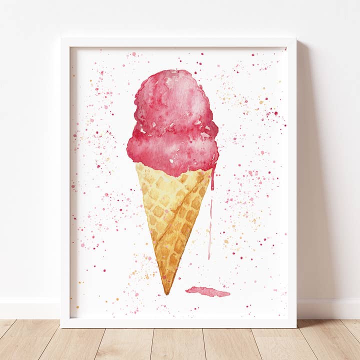 Watercolor Ice Cream Cone, 8x10 Print for wholesale by mad paperie