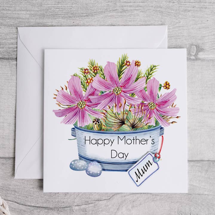 Biglietto di auguri per la Festa della Mamma con composizione floreale in cestino per la vendita all'ingrosso da parte di Bluesky's Creation