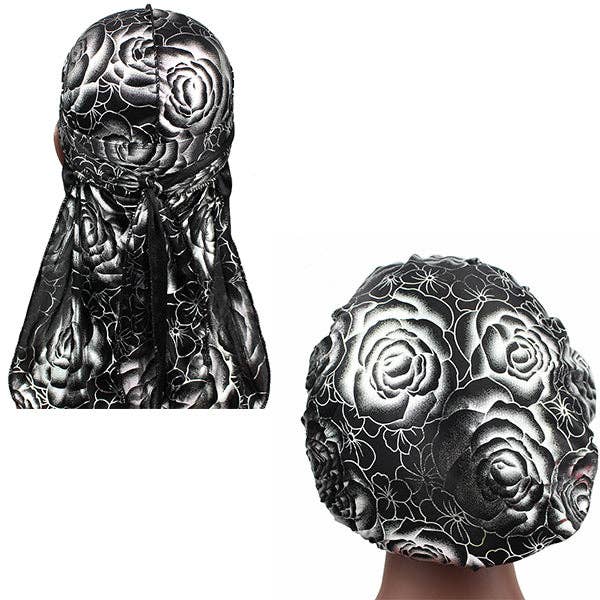 Black Silver Silky Rose Print Durag And Bonnet Set for wholesale by Taelor Boutique
