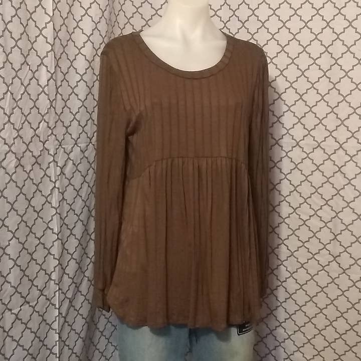 Olive rib babydoll bubble long sleeve blouse for wholesale by Jones & Ivy Collections, Inc.