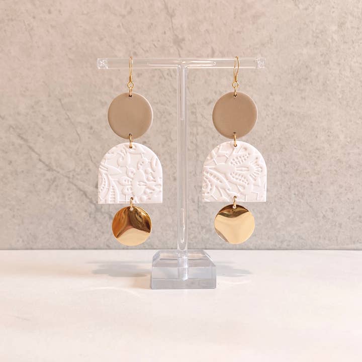 Saige Collective - Wholesale Dangle Earrings - Bella - White Lace/ Nude Clay Earrings