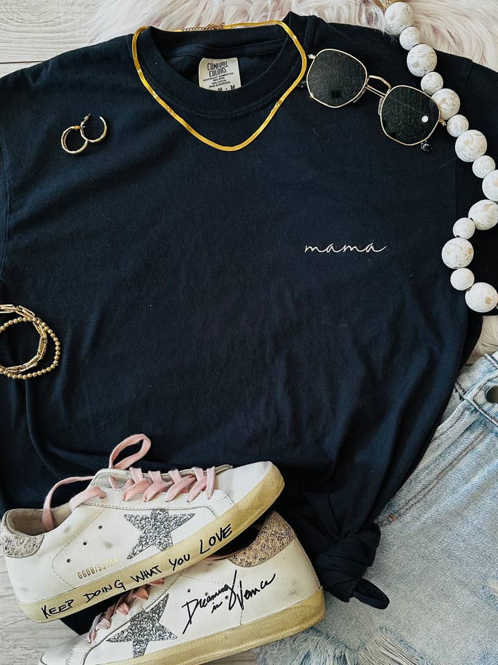 Black Dainty Mama Embroidered Tee for wholesale by P&PD Wholesale