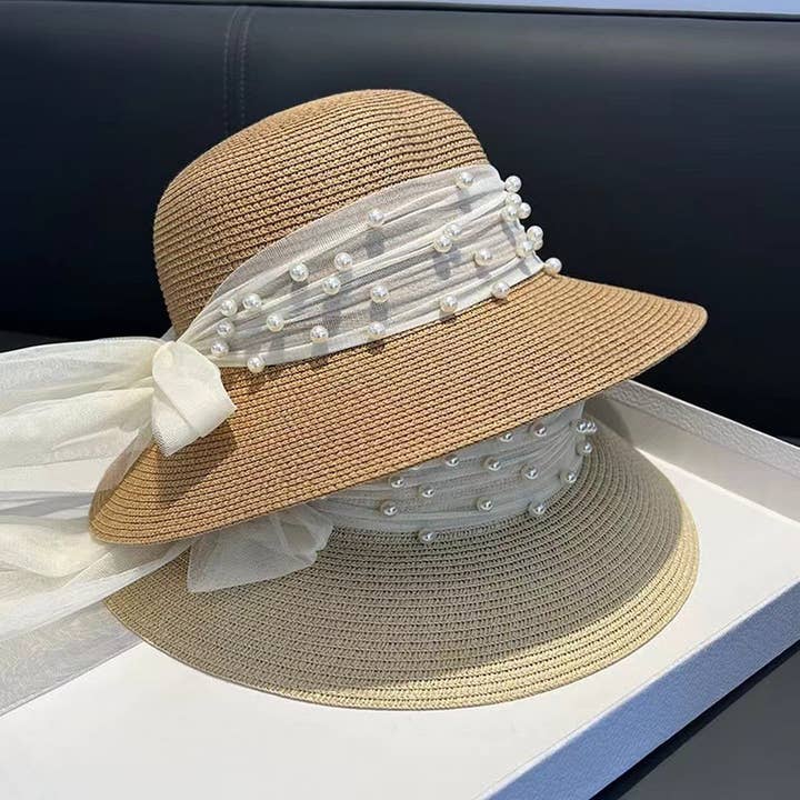 ACCITY - Wholesale Straw Hat - Women's - Summer Elegant Pearl Bow Straw Hat for Women_CWAH3401