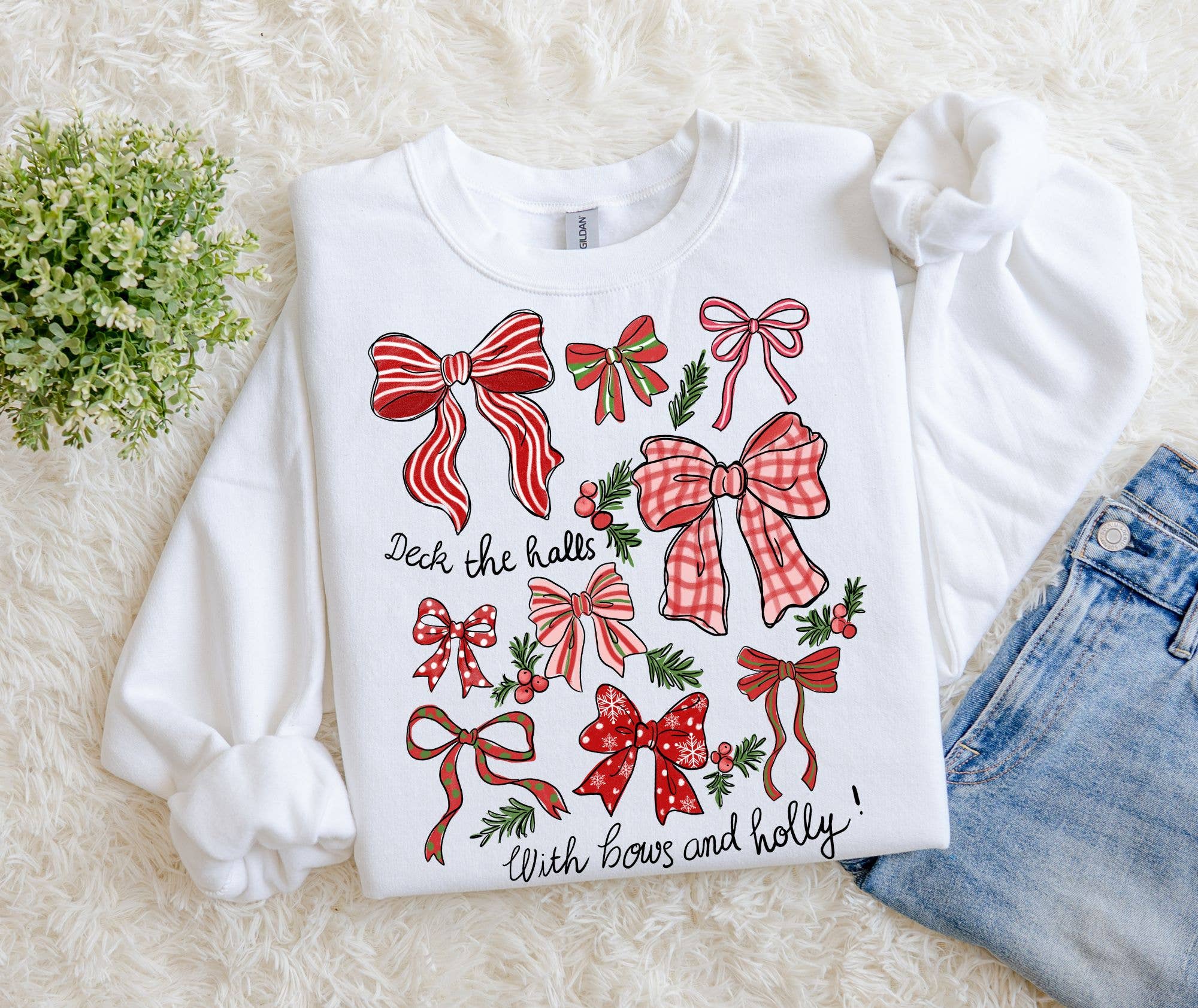 Southern Rheas - Vente Sweat-shirt à imprimés – femme - Sweat-shirt graphique avec nœuds à carreaux de Noël et nœuds griffonnés0