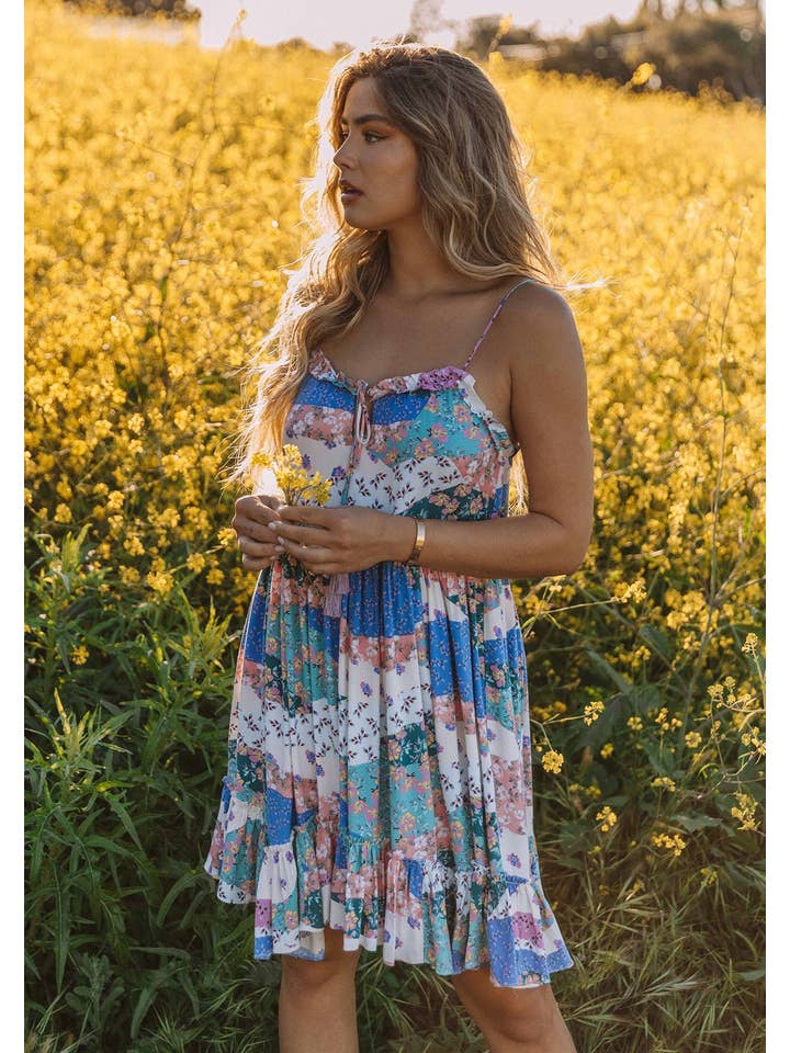 Ivory Jade Bohemian Floral Patchwork Tiered Mini Dress for wholesale on Faire