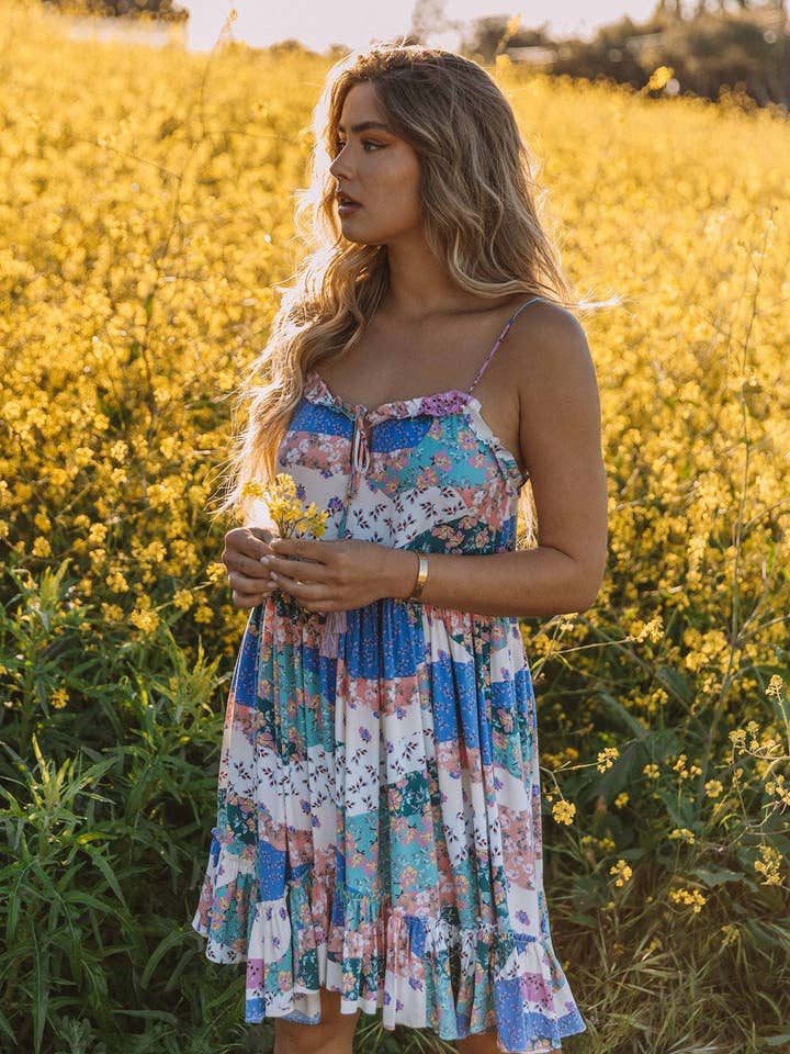 Bohemian Floral Patchwork Tiered Mini Dress for wholesale by Lovestitch