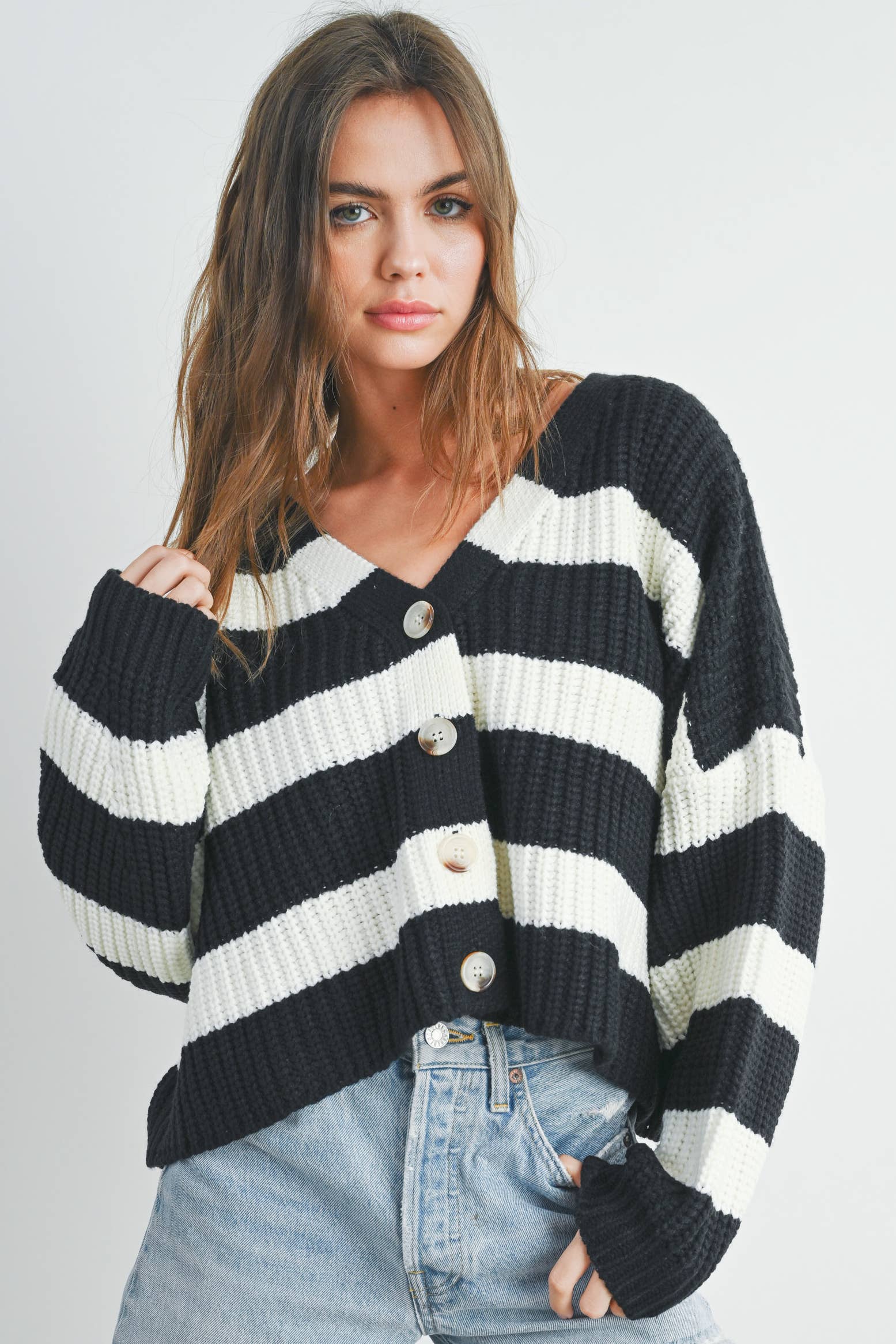 BUTTERMELON – wholesale Cardigan – Women’s – Striped V-Neck Cardigan with Buttons - BMC73313
