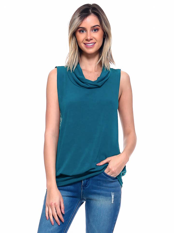 Sleeve less open side Cowl turtle neck top- TEAL for wholesale by Urban X Apparel
