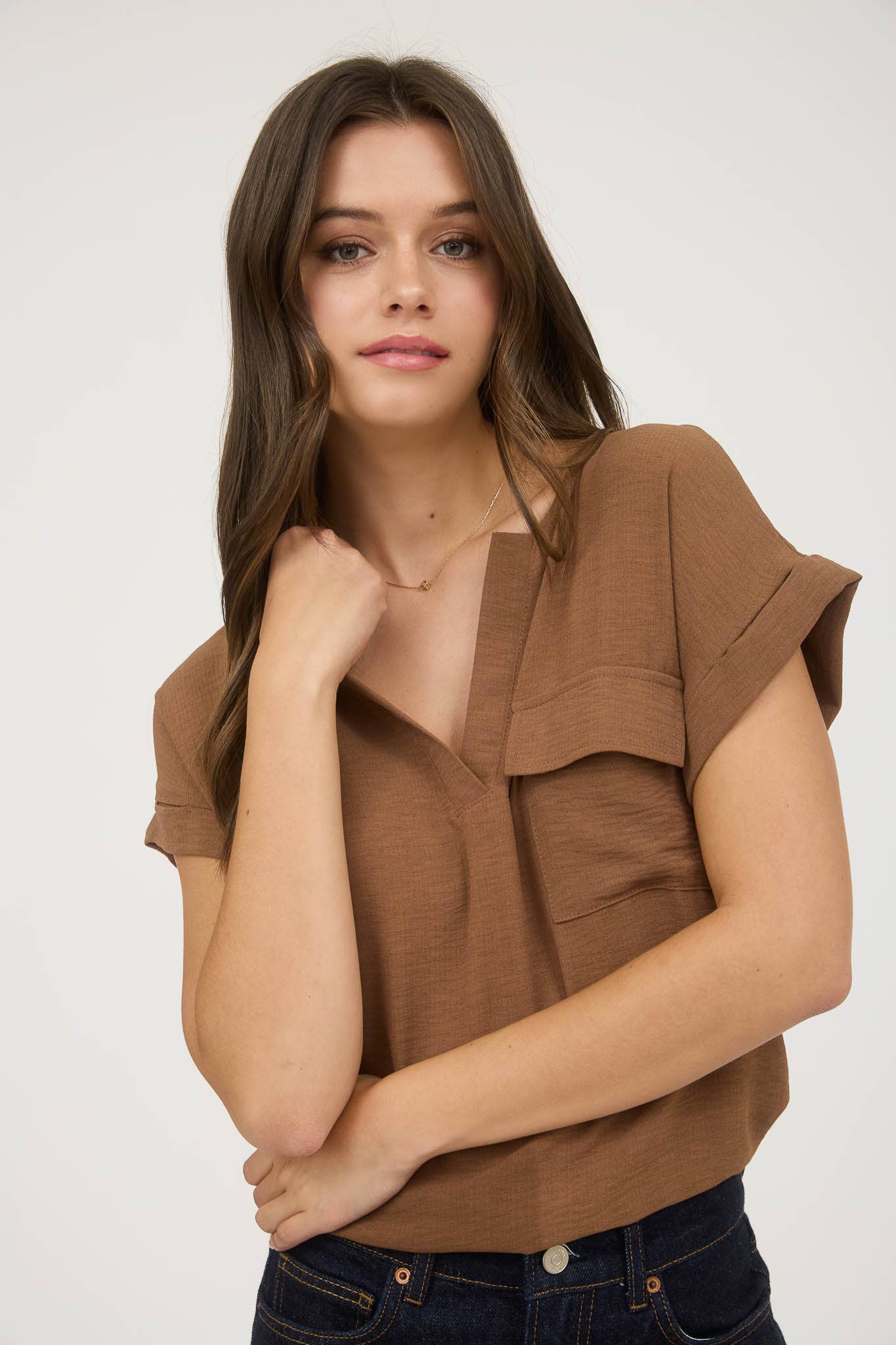 Blu Pepper - Wholesale Blouse - Women's - SPLIT NECK BACK BUTTON SHORT FOLD SLEEVE BLOUSE11