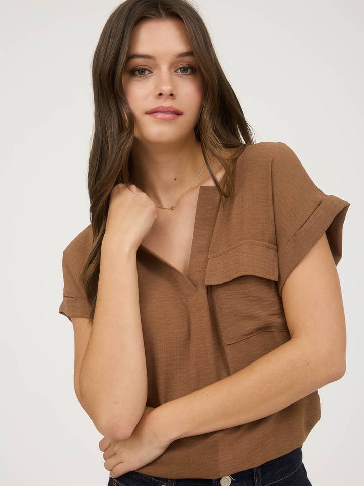 Blu Pepper - Wholesale Blouse - Women's - SPLIT NECK BACK BUTTON SHORT FOLD SLEEVE BLOUSE11