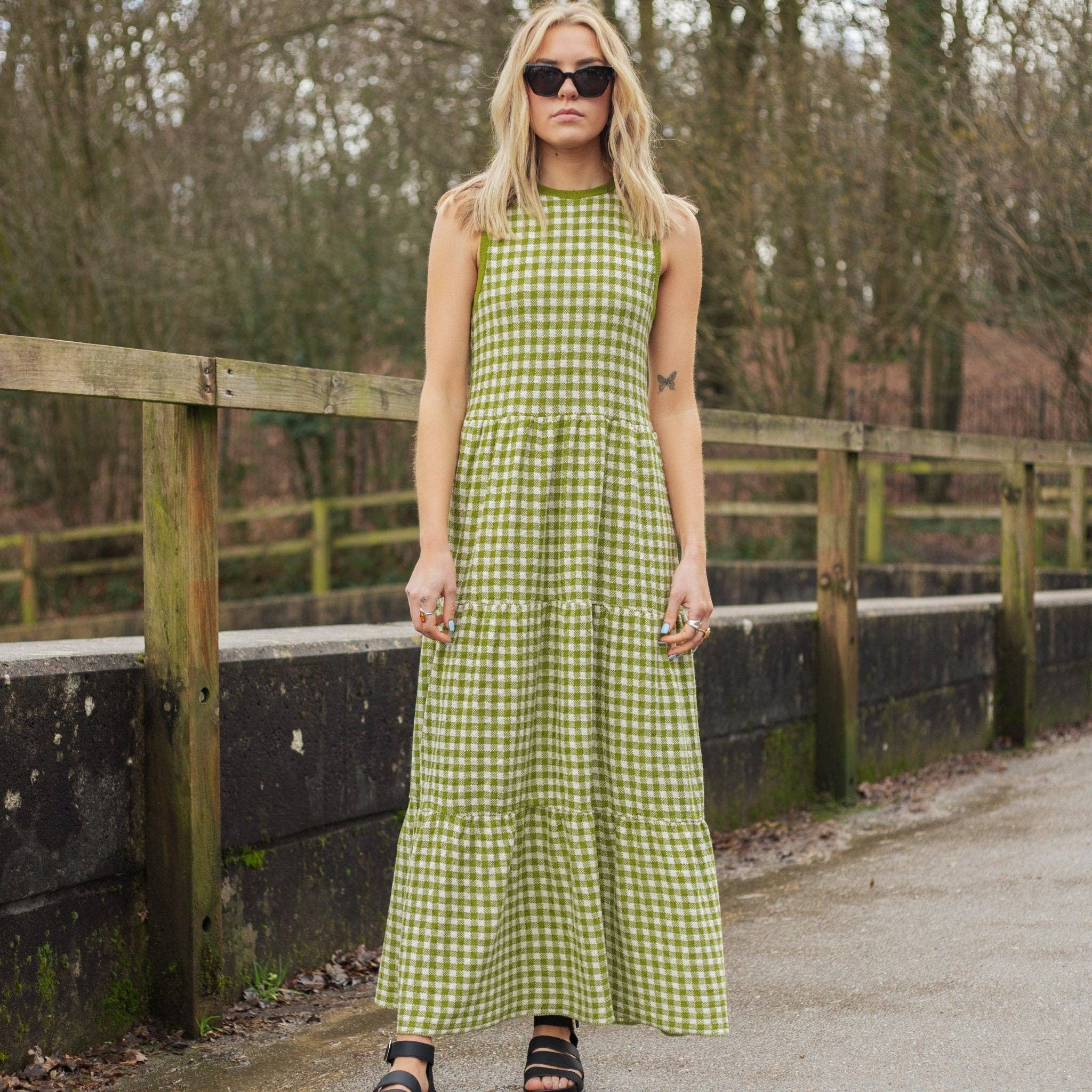 Cara & The Sky - Wholesale Dress - Women's - Paula Gingham Cotton Knitted Maxi Dress - Green7