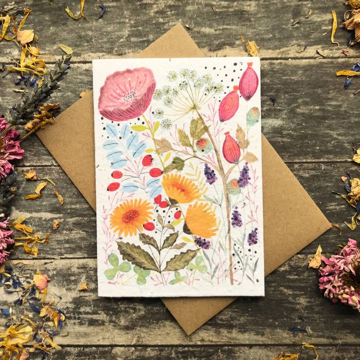 Plantable Seed Paper Birthday Card, Floral Greeting cards for wholesale by Erika's Whimsical Art