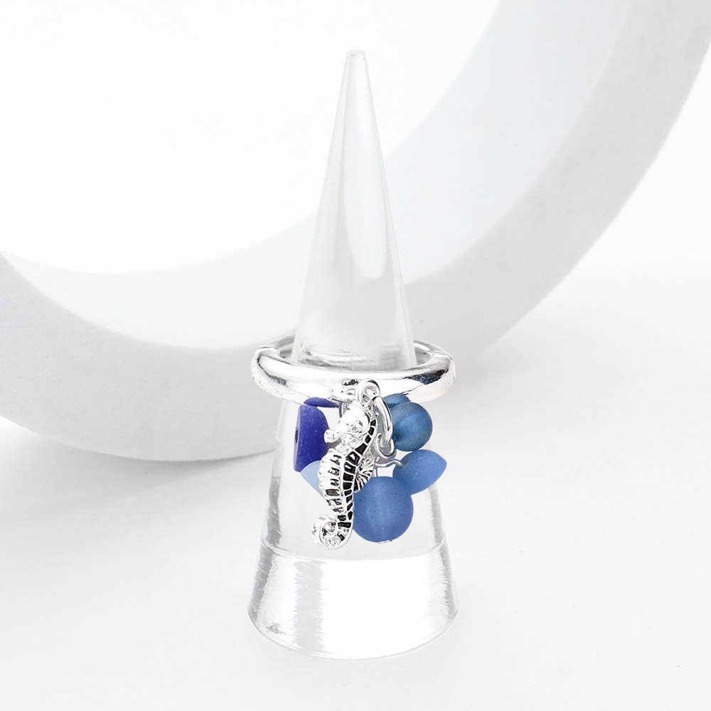 Sensibling Corp. - Wholesale Cocktail/Statement Ring - Sea Glass Metal Seahorse Dangle Stretch Ring2